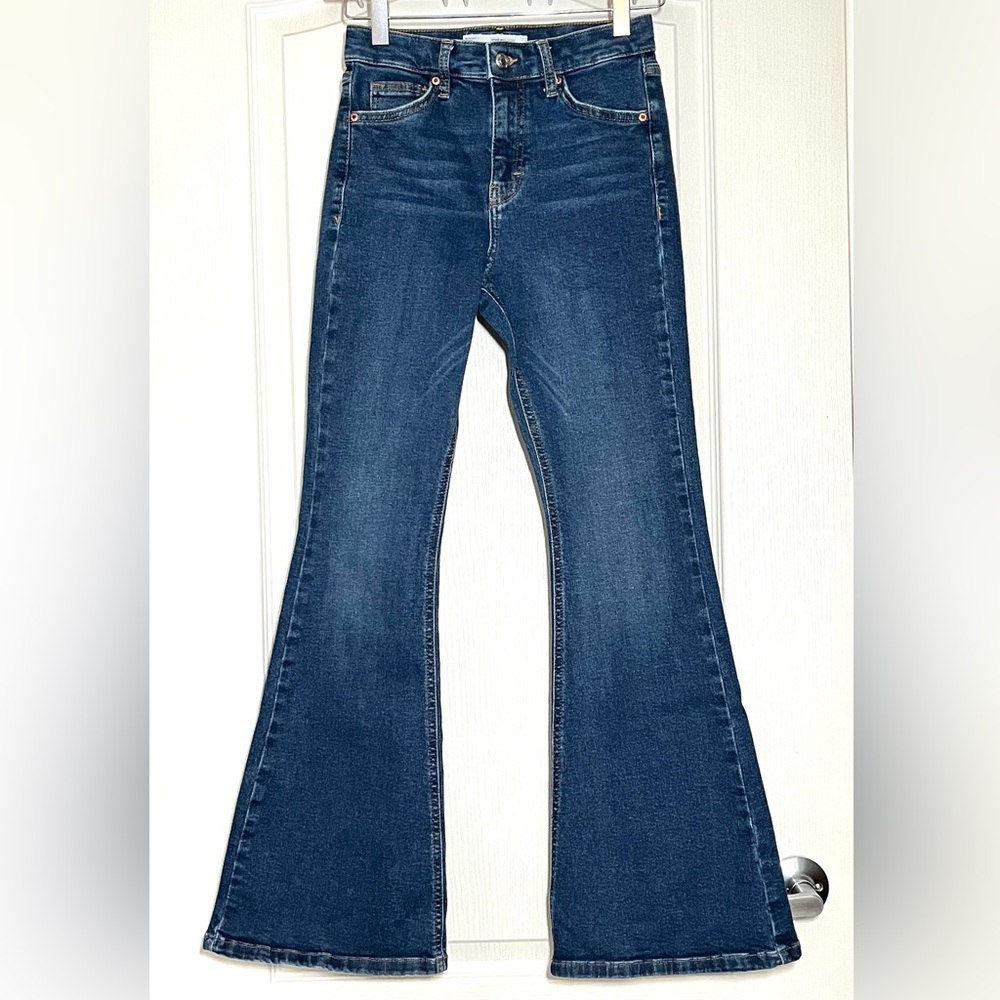 Topshop MOTO Jamie Flare High Rise Jeans Dark Wash Size 26 Coastal Cowgirl Boho